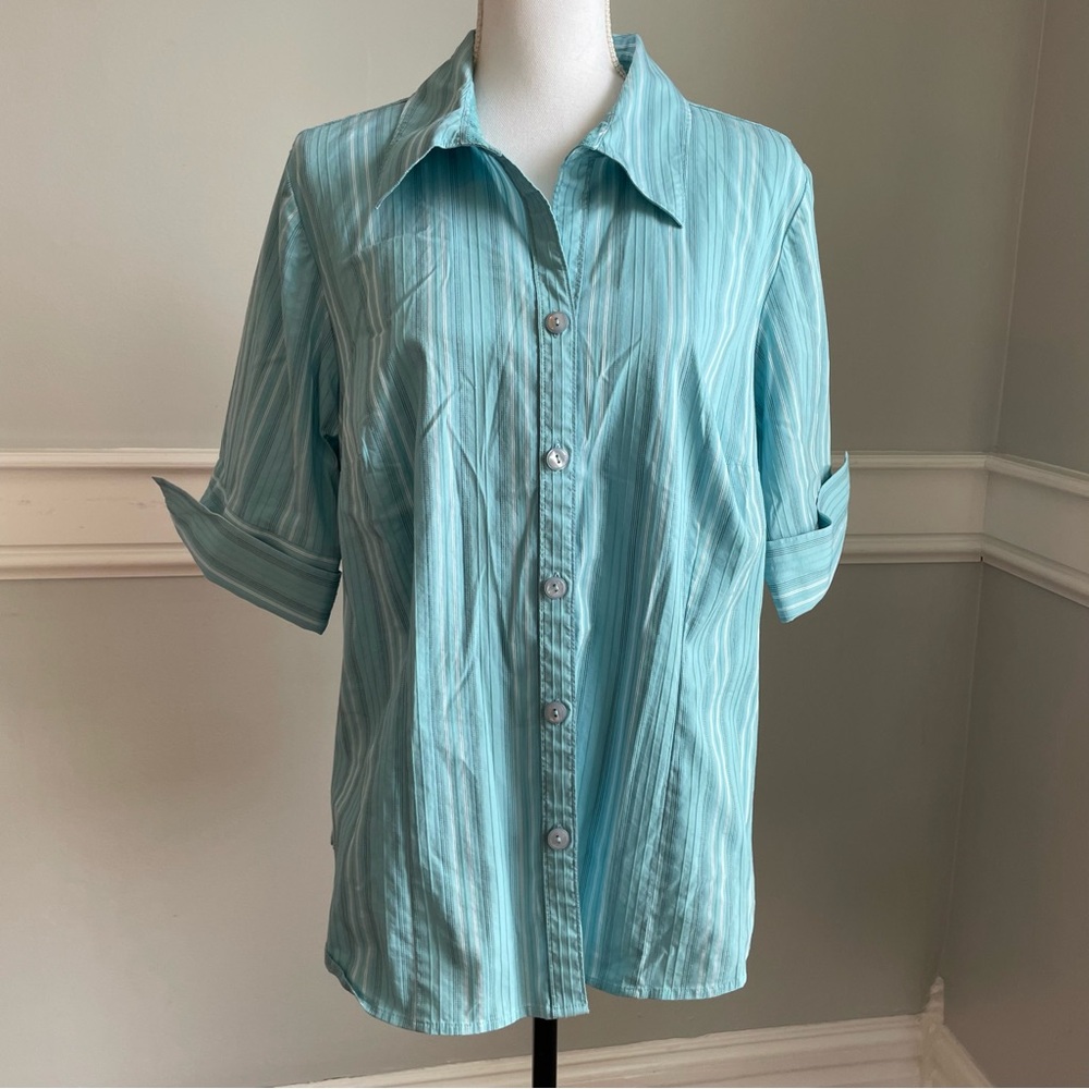 Lane Bryant Women's Blue Turquoise Button-Up Shirt Half Sleeve Stripes Sz 18/20W